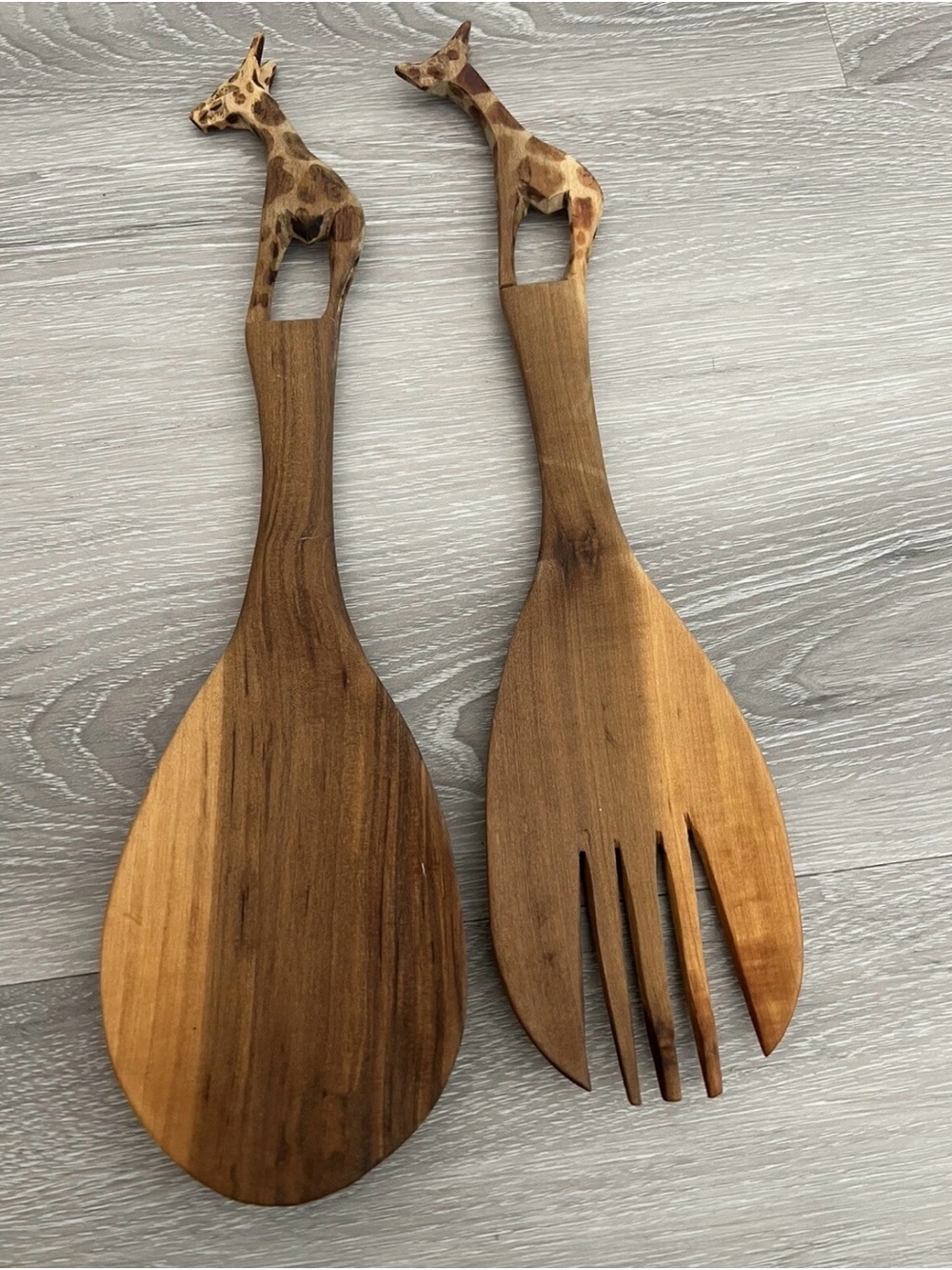 Hand-Carved Wooden Giraffe Salad Servers - Brown
